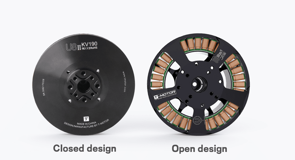 Closed design drone motor and open design